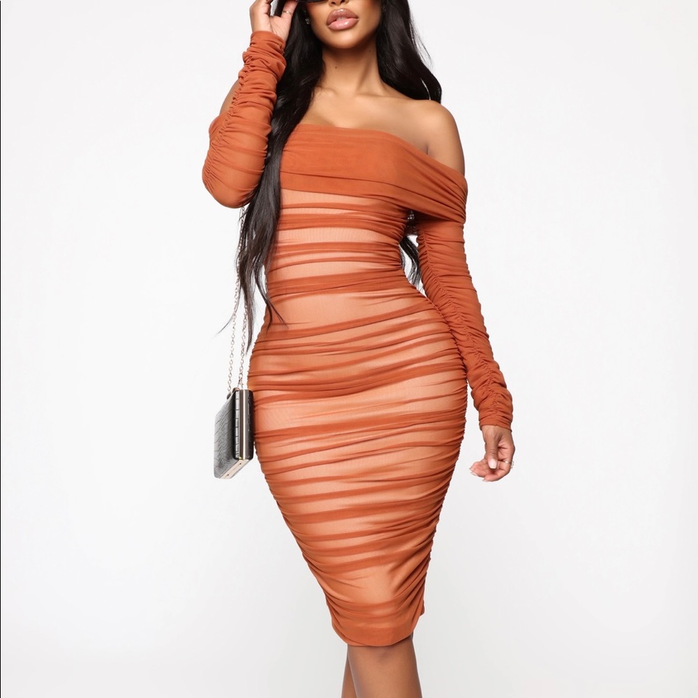 Ruched Midi Dress | Rust + Nude | Fashion Nova